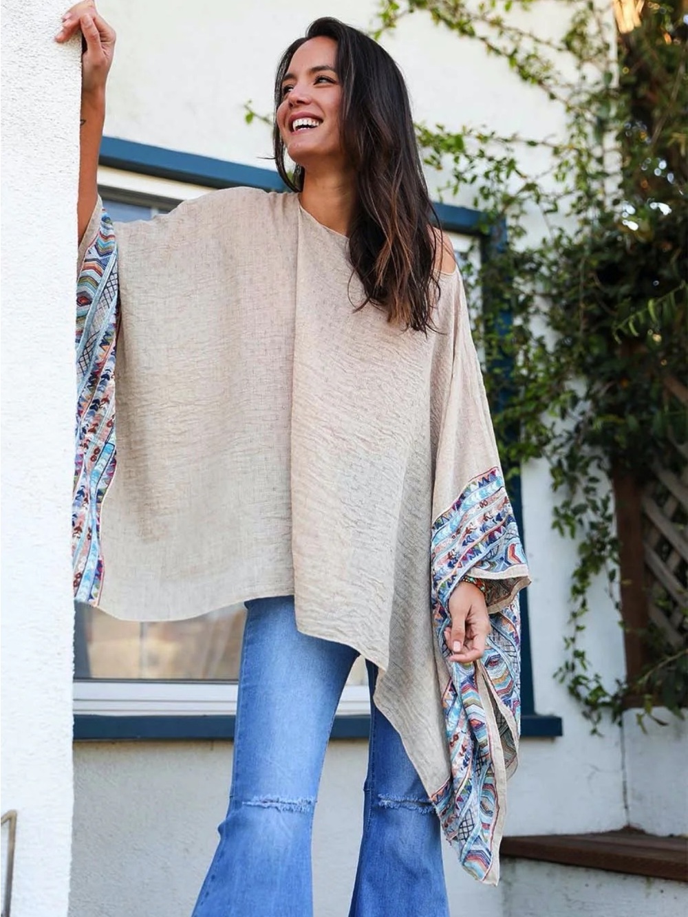 Lightweight embroidered-Trim Women's Poncho
